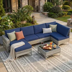 7-Piece Patio Furniture Set, Dual-Strand Wicker Outdoor Sectional Set with Thick Cushions, Premium Boho Patio Sectional Sofa with Large Tempered Glass