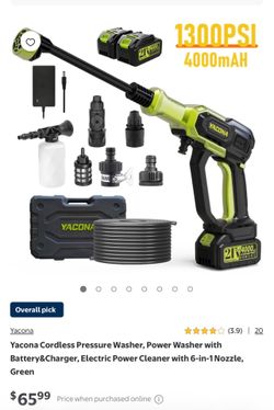 Yacona Cordless Pressure Washer, Power Washer with Battery&Charger, Electric Power Cleaner with 6-in-1 Nozzle, Green