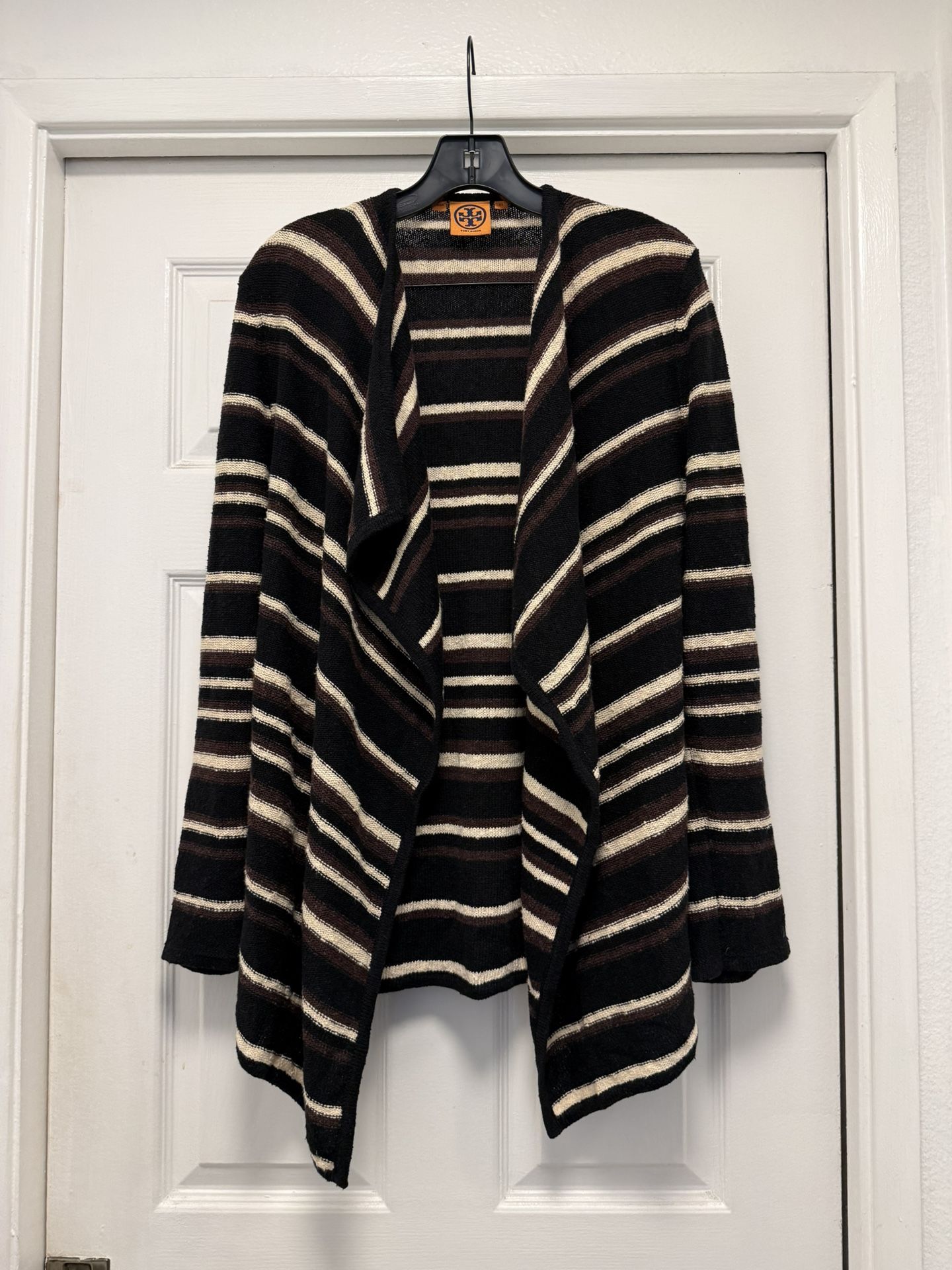 Tory Burch Black Cream Brown Striped Open Cardigan Sweater