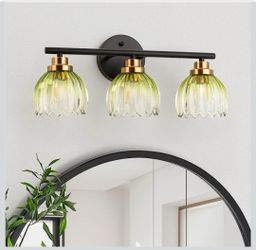 (Brand New in Box)  TALOYA Black Gold 3-Light Bathroom Vanity Light with Green Tulip GlassShade Modern Vanity Lighting Fixtures, Bathroom Lights Over 
