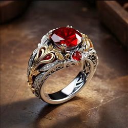 Two Tone Ring Set | Inlaid with Artificial Artificial Gemstone, Vintage Style, Unisex, Suitable for Daily Wear and Party/Birthday/Anniversary/Christma