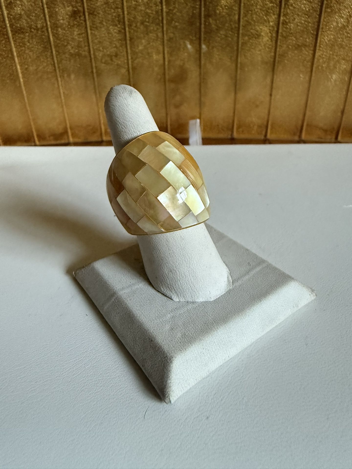 Stunning Boho, Mother Pearl, Gold, Inlay, Mosaic Cocktail Ring