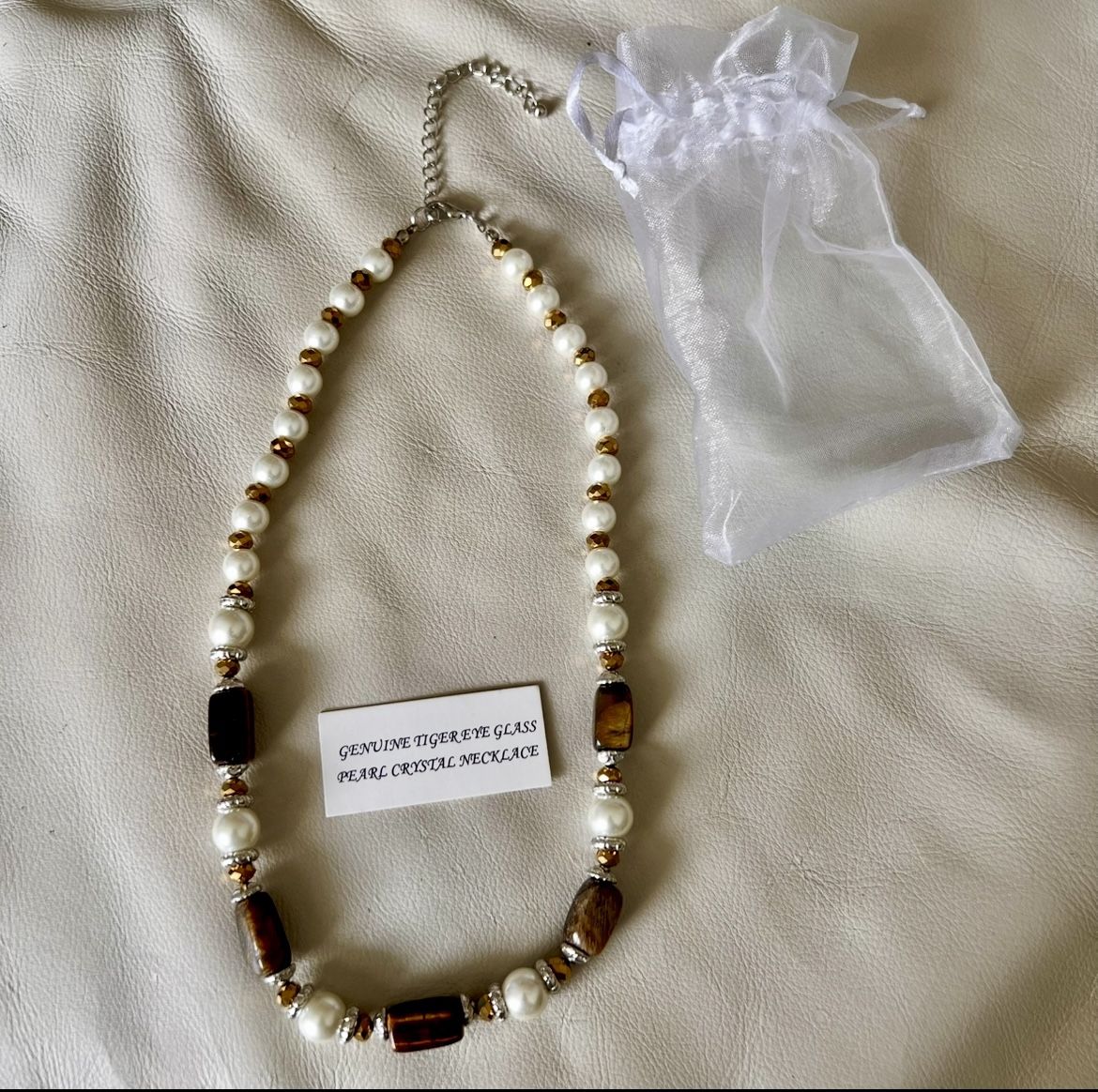 Genuine Tiger Eye Glass Pearl Crystal Necklace BEAUTIFUL!