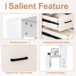 White Computer Desk with 4-in-1 Socket, the Desk with 3 Slide Drawers and 4 Storage Levels, the Wooden Desk is Suitable for a Variety of Places