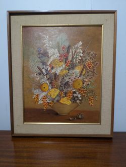 Framed Oil Painting Of Autumn Florals Signed 26x21