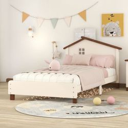 Twin Platform Bed - House Shape Hb - Wood Slats . Cream & Walnut color - No box spring needed