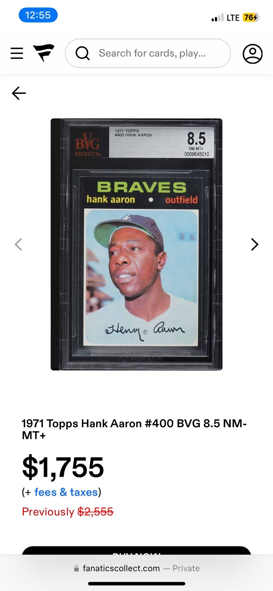 1971 topps #400 hank aaron bvg 8.5