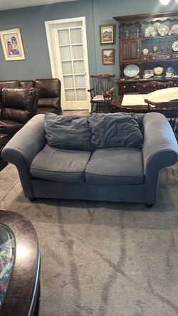 Blue Fabric Loveseat with Rolled Arms