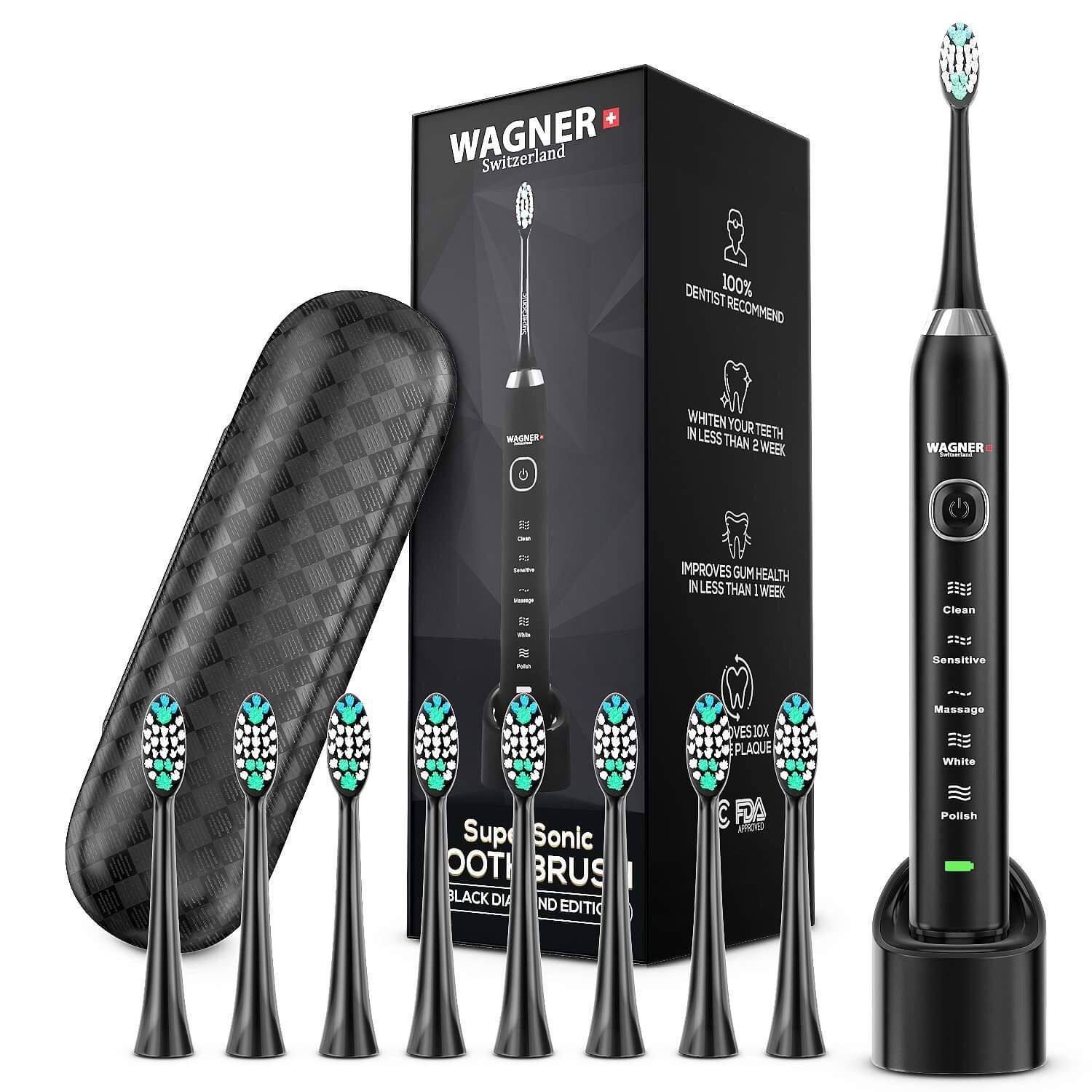 WAGNER Switzerland. ULTRA Whitening Toothbrush | 8 DuPont Bristles | SuperSonic 5 Modes w Smart Timer, 48,000 VPM. NEW sealed