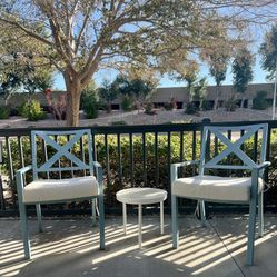 Patio Table ONLY for Sale! Outdoor Round Glass-Top White Metal-Framed Side Table, Mid-Century Modern Style with Three Legs!  