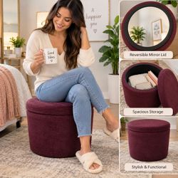 Round Storage Ottoman with Reversible Mirror Lid