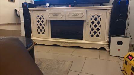 Elegant White Ornate TV Stand with Electric Fireplace - French Provincial Style