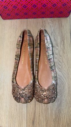 Tory Burch Crystal Bow Pink Tweed Ballet Flats Rose Gold Bronze Womens