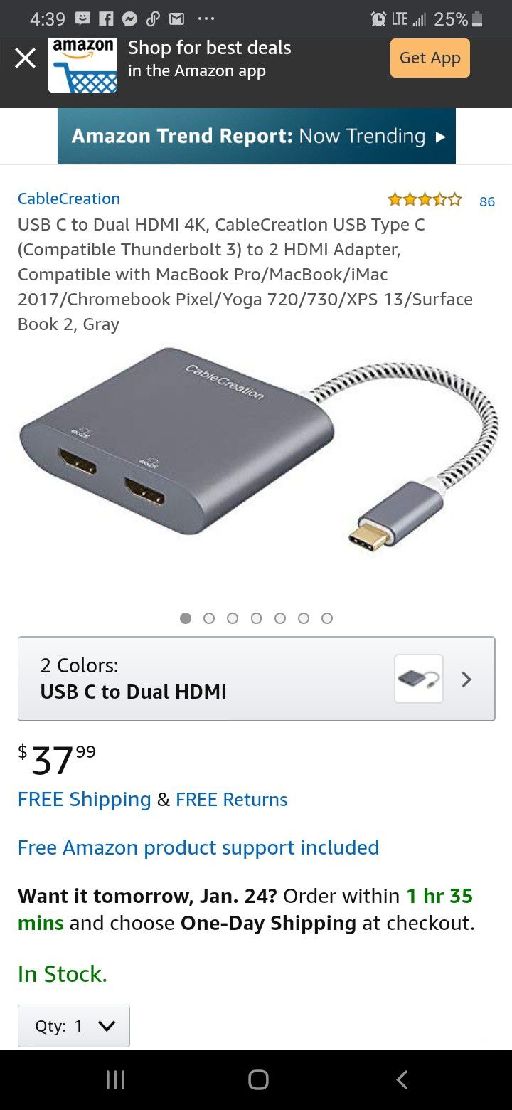 USB C to Dual HDMI 4K, CableCreation USB Type C (Compatible Thunderbolt 3) to 2 HDMI Adapter