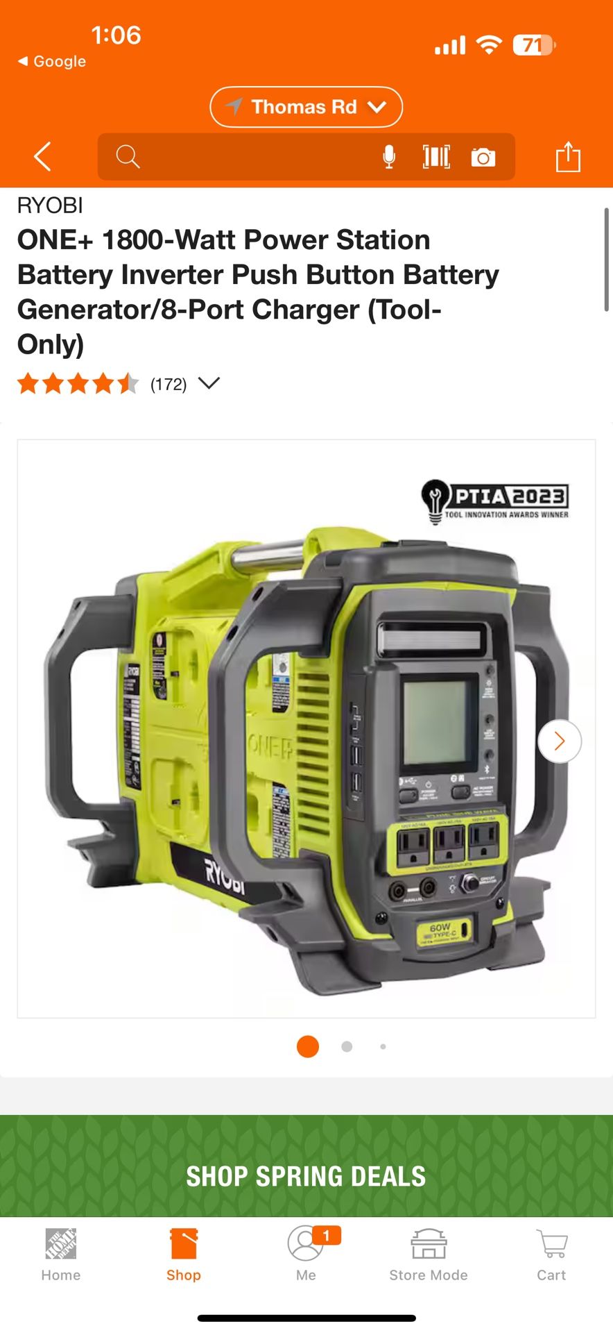 RYOBI ONE+ 1800-Watt Power Station Battery Inverter Push Button Battery Generator TOOL ONLY