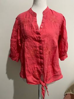 Linen chater club Coral Embroidered Button-Front Tie Blouse
