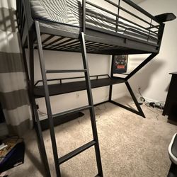 Kids Carbon Optix Black Full Gaming Loft Bed With Led Lights And Blue Couch