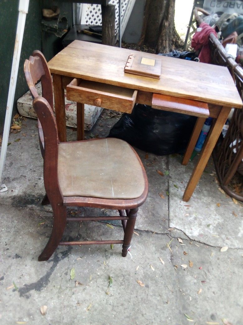 Antique Table And Chair As Well As Wooden Log Book All For $20