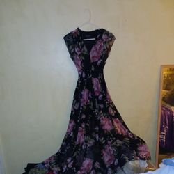 Floral Print Pink & Black Long Dress