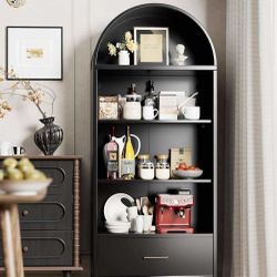 73 in Tall Metal Arched Cabinet, 4-Tier Arched Bookcase with Drawer, Modern Farmhouse Bookshelf with 2 Adjustable Shelves, Kitchen Pantry Cabinet for 