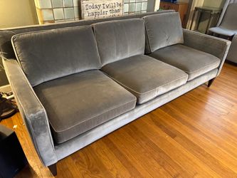 BEAUTIFUL CRATE & BARREL GREY VELVET SOFA