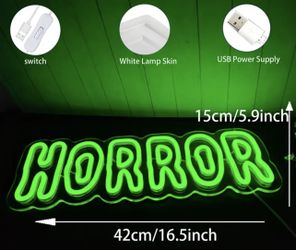 HORROR Neon Sign Spooky Light Up Sign Decoration Neon Green Large 17”x6” USB Halloween NEW (PRICE IS FIRM) Ready To Hang! 