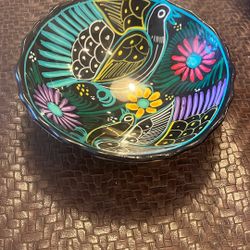 Mexican Folk Art 3 Footed Clay Bowl -Wedding Boda Hand Painted Proposal Fiancee