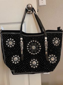 Black Rhinestone Studded Statement Tote Bag