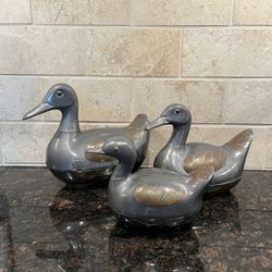 Vintage Pewter Brass Family of Ducks Trinket Boxes - Set of 3