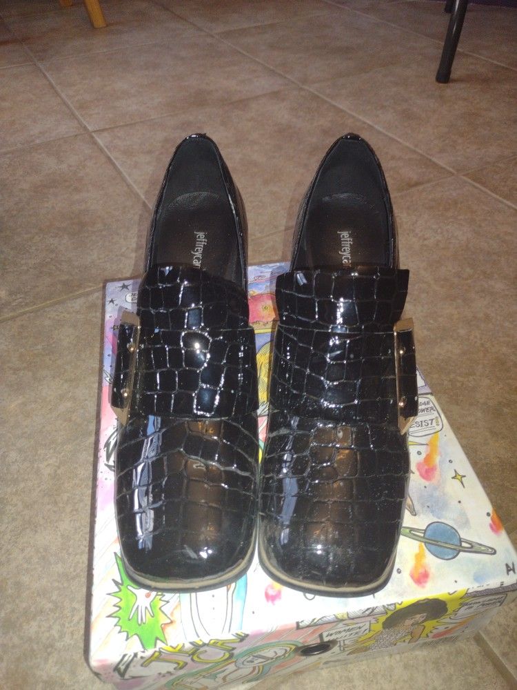 Jeffrey Campbell Faithful Black Croco Patent Loafer Heels