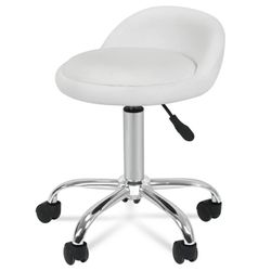 Adjustable Rolling Swivel Salon Chair Tattoo Massage Stool Spa Facial Stool with PU Leather Back Rest Cushion - White