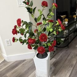 Pretty Artificial Plant 4 Ft With Red Flowers Comes With Tall Planter! Brand New