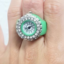 Green diamond face women's girl's Quartz ring watch Gift