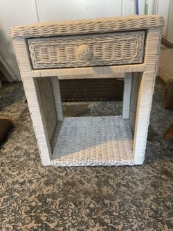 White Wicker Side Table with Drawer