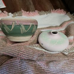 Native America Pottery Pastel Pinks Green And Blanket