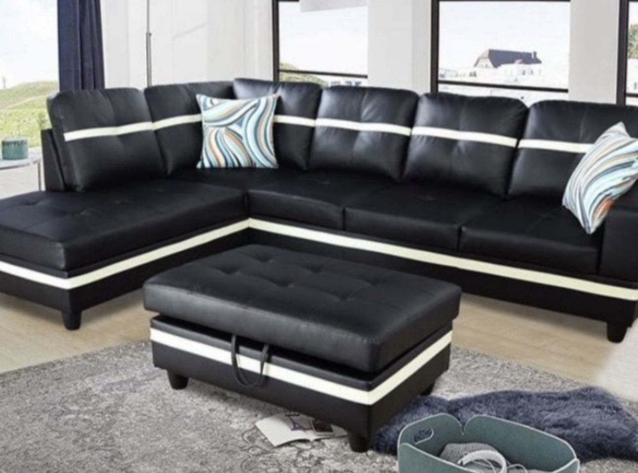 Black Leather Sectional Couch And Ottoman