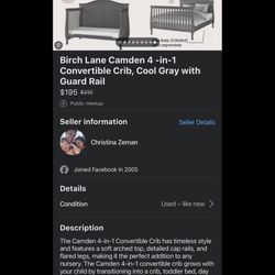 Birch Lane Camden 4-in-1 Crib, Cool Gray With Guard Rail Excellent Condition 