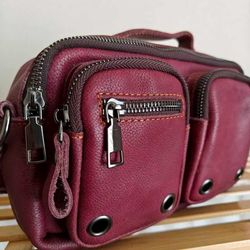 New Genuine Top Grain Leather Crossbody Bag – Deep Rose Red
