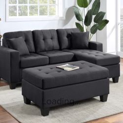 Black Linen Sectional With Ottoman