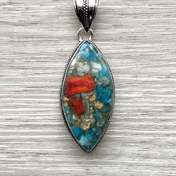 Spiny Oyster Copper Turquoise Natural Gemstone Teardrop 2” Silver Pendant
