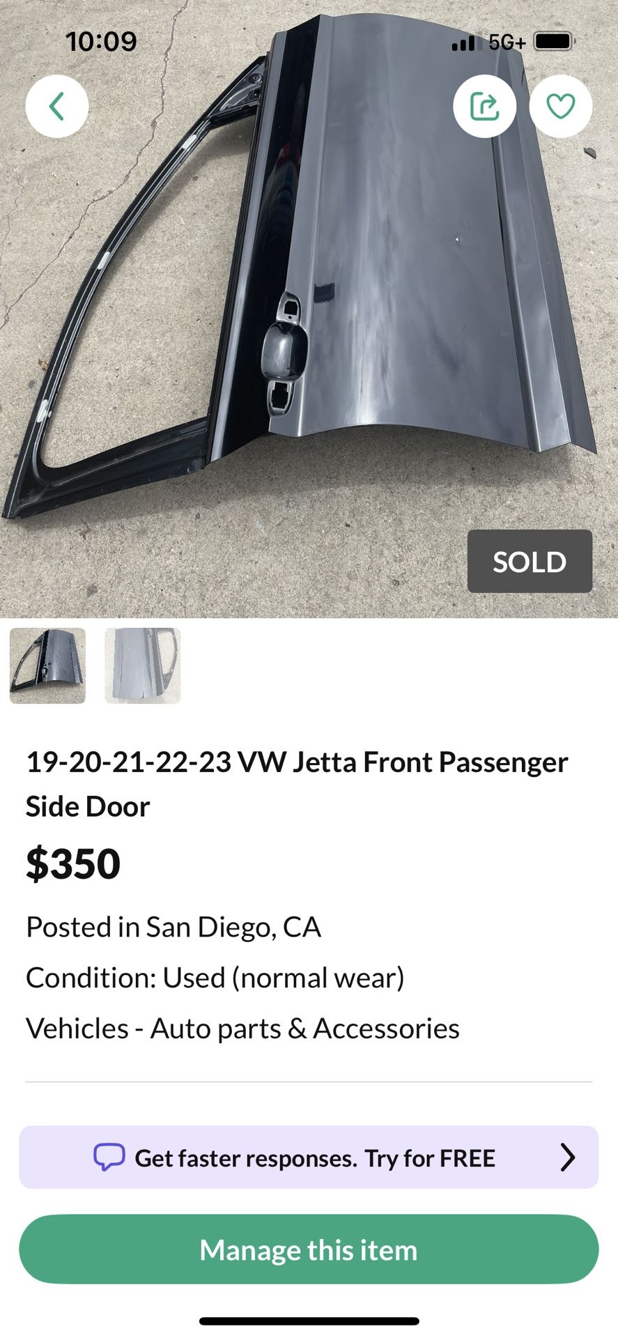 19-20-21-22-23 VW Jetta Front Passenger Side Door 