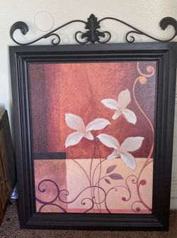 Framed Floral Wall Art with Metal Scroll Topper