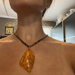 Amber And Gold Beaded Pendant Necklace 