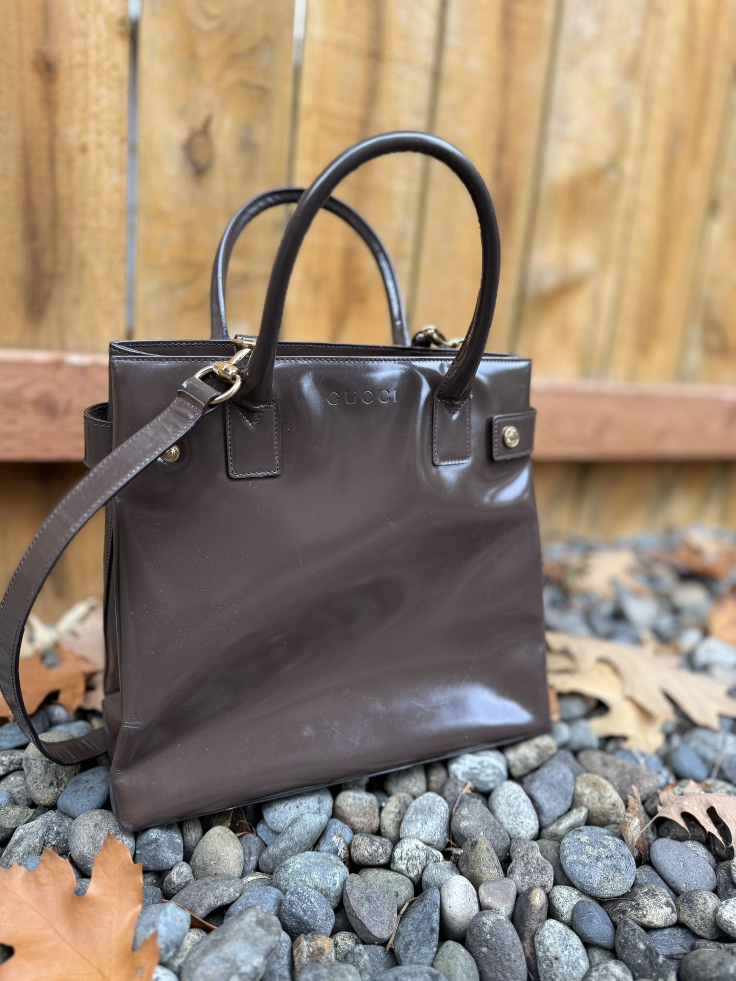 Gucci Vintage Brown Patent Leather Tote Bag