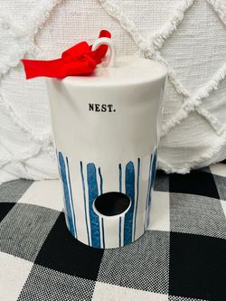 Rae Dunn blue stripe cylinder birdhouse