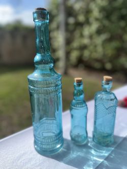3 Glass Decanter Bottles Light Blue/ Teal
