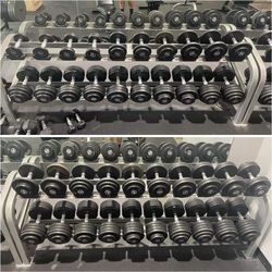 5-100 Lb GP Pro Style Rubber Coated Commercial Dumbbells With Dual Cybex Commercial Racks