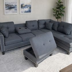 Brand new Charcoal color Linen Sectional Sofa with storage ottoman