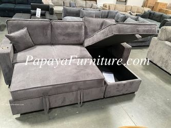 NEW Convertible Sectional Sofa with STORAGE CHAISE and Pullout Sleeper Bed Dark Grey Fabric Discount Furniture Warehouse IKEA Style Clearance BIG SALE