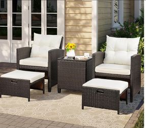 5 Piece Patio Furniture Set, Small Balcony Furniture, PE Wicker Rattan Patio Chairs Set of 2, Outdoor Lounge Chairs with Cushions Ottomans &Glass Tabl